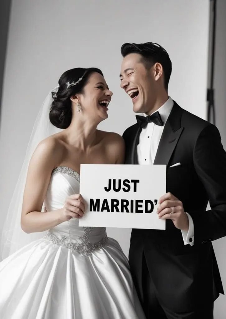 Bride and groom posing for black and white event theme photo booth in Houston