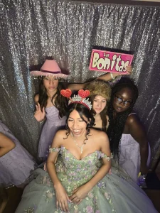Birthday girl and her best friends in the photo booth by Rumba Houston Photo Booth at her Houston party.
