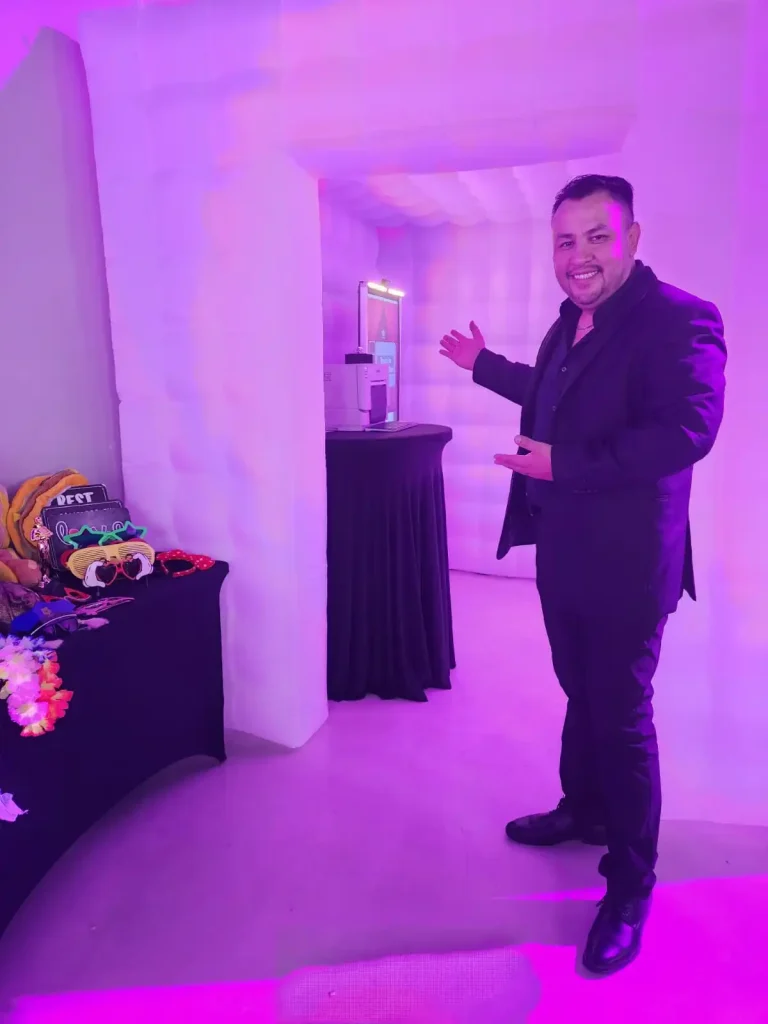 Inflatable enclosed LED photo booth with colorful lights