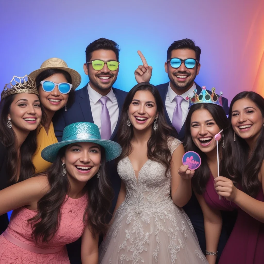 Quinceañera group posing glamorously in Rumba Houston Photo Booth.