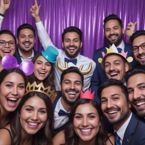 Family posing with funny hats in Rumba Houston Photo Booth.