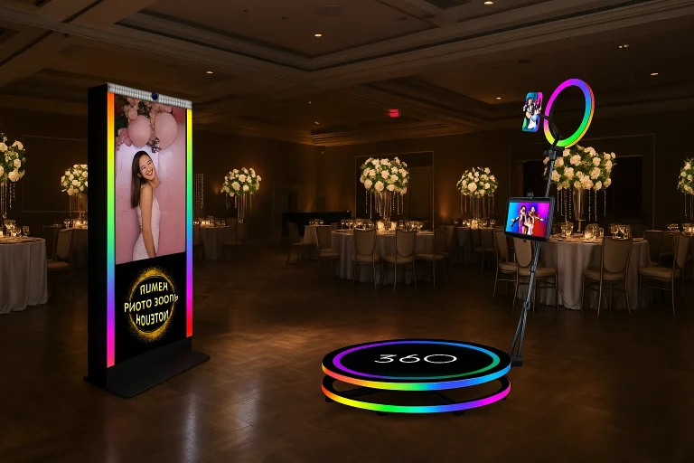 Elegant ballroom with Rumba Houston Photo Booth and 360 video booth setup, showcasing venue partnership opportunities in Houston.