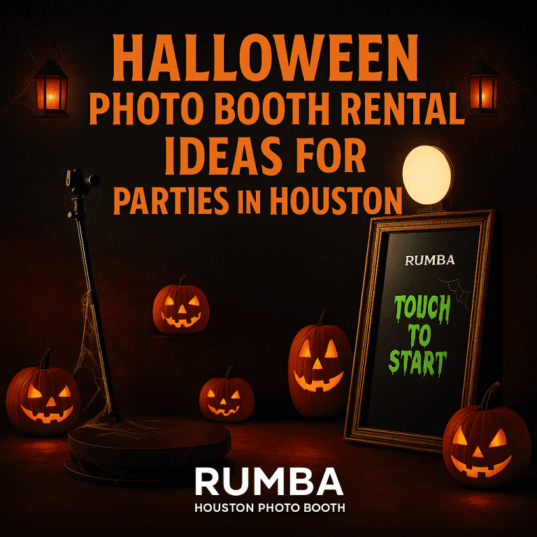 Luxurious Halloween photo booth setup by Rumba Houston Photo Booth featuring mirror booth, pumpkins, and spooky lighting at a Houston party.